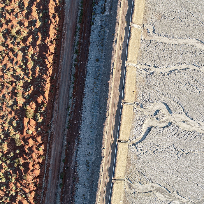 Drone photo of a mining site featuring safe tailings storage facility.